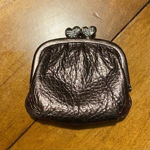 Vintage Brighton Rhinestone Heart Kiss-lock Coin Purse Leather Bronze Metallic